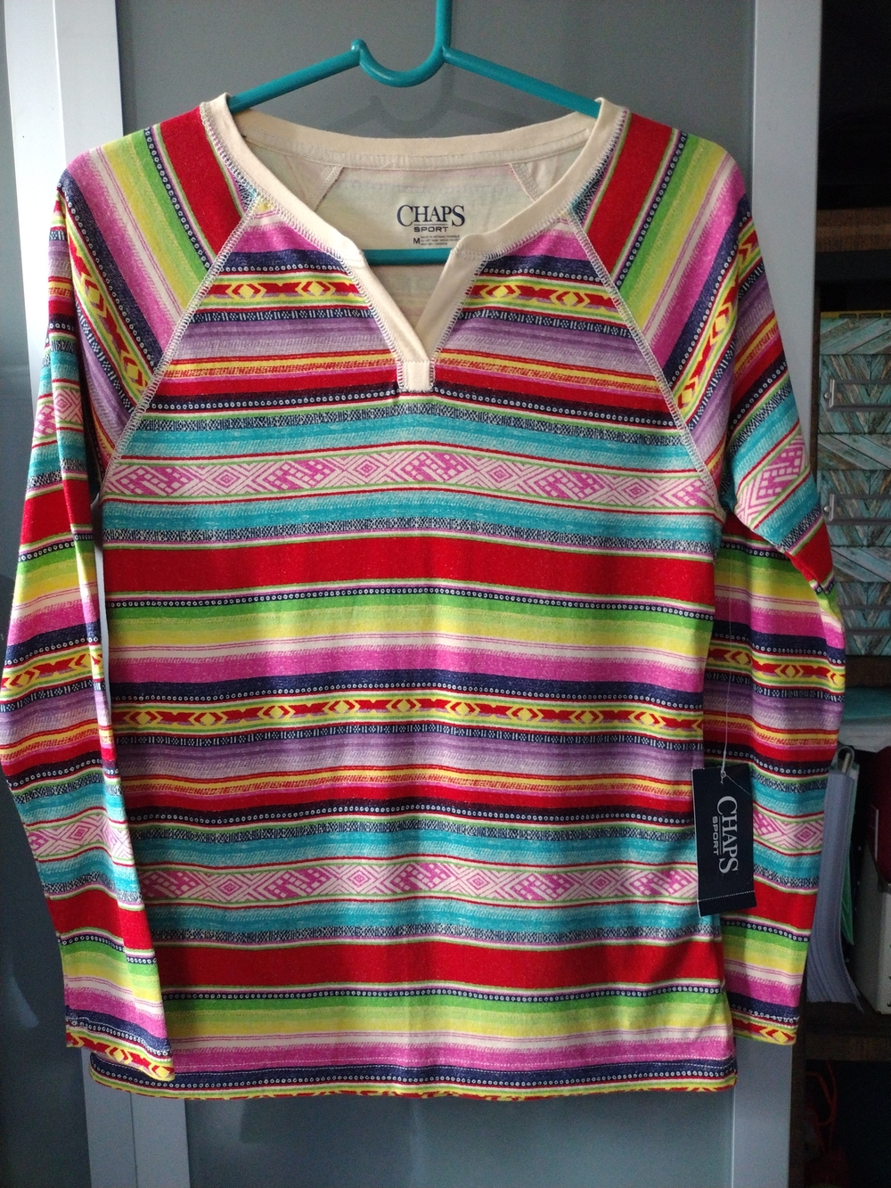 Chaps Multicolor Striped V Neck Pullover - Vibrant Aztec Colors Med NWT